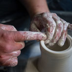 Richard Heeley at work in his pottery in Shropshire Feb 2018